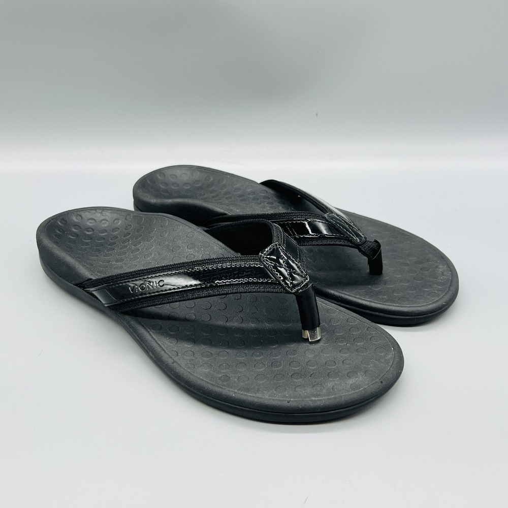 Vionic Sandals Women 9.5 Black Flip Flop Thong Arch Support Patent Trim Comfort